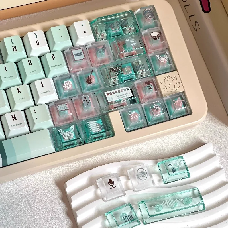 Mint Manbo Theme Tastenkappen-Set, 147 Tasten, individuelle PBT-Sublimation, Kirschprofil-Tastaturkappen für mechanisches Tastaturzubehör
