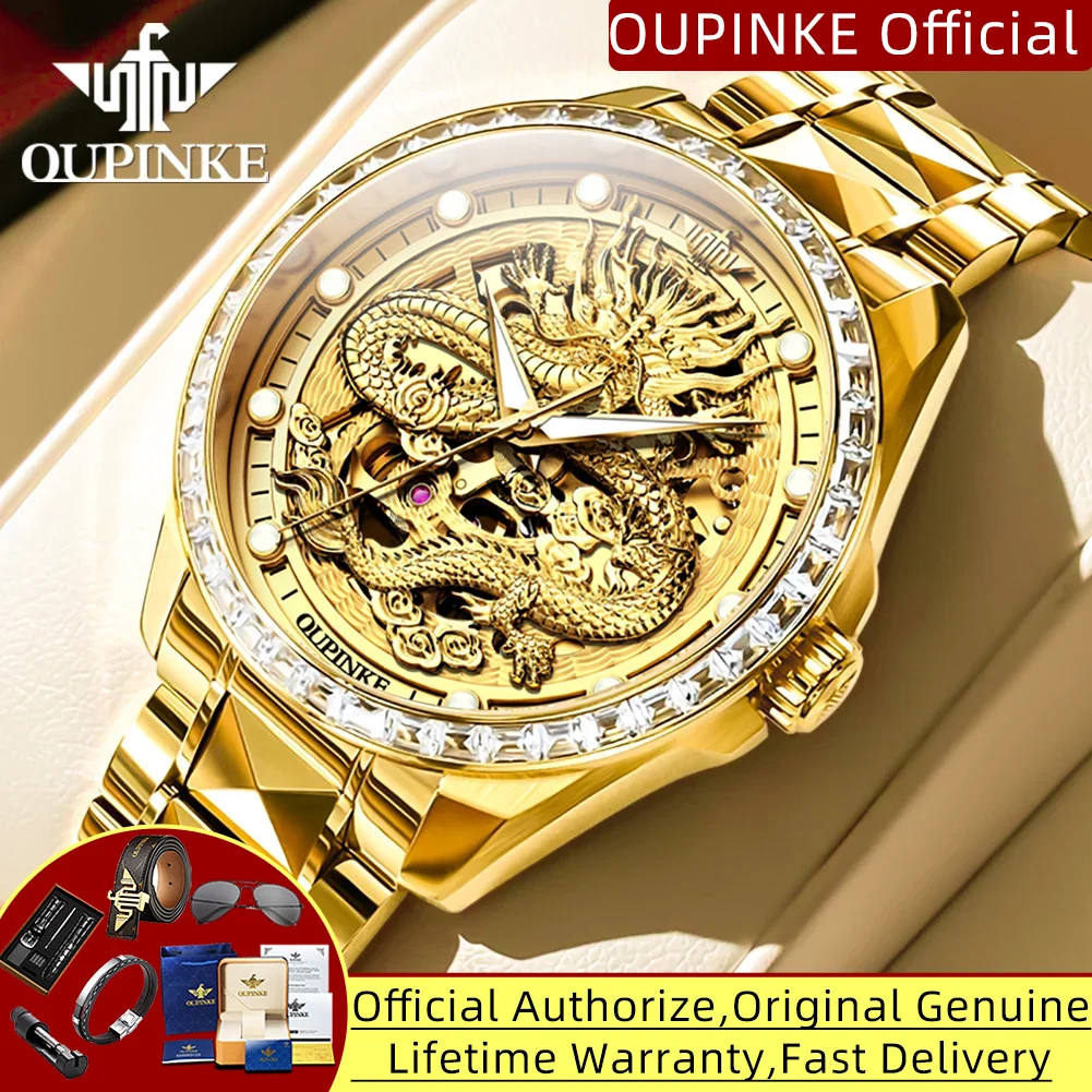 

OUPINKE 3276 Gold Dragon Watch for Men Luxury Top Brand Diamond Bezel Hollow Out Japan Movement Automatic Mechanical Wristwatch