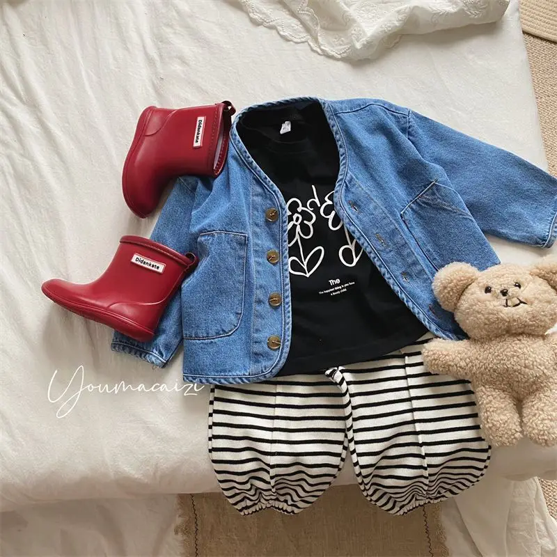 Kids Coats Spring New 2025 Korean Simple Style Long Sleeve Casual Fashion Cowboy Baggy