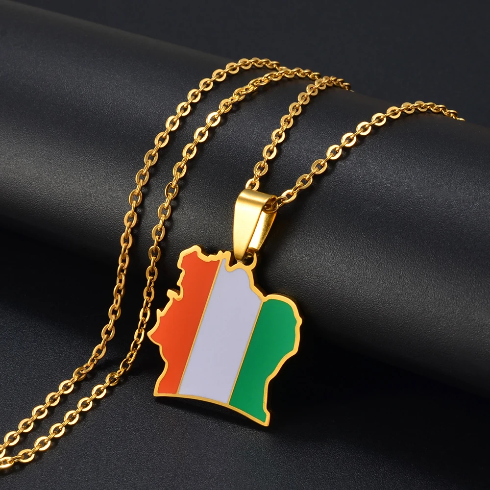 Anniyo Ivory Coast Map Flag Pendant Necklaces Cote d\'Ivoire Stainless Steel Jewelry @277721