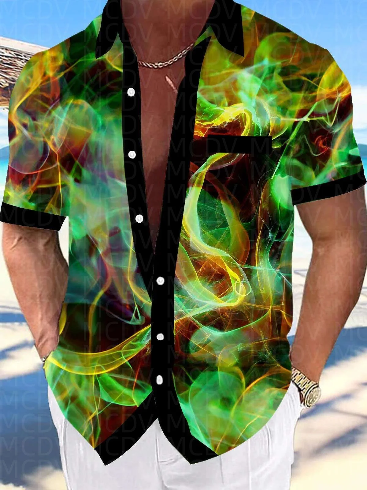 Flame Pattern Men's Hawaiian Shirt Stretch Easy Care Camp Shirt Big Tall