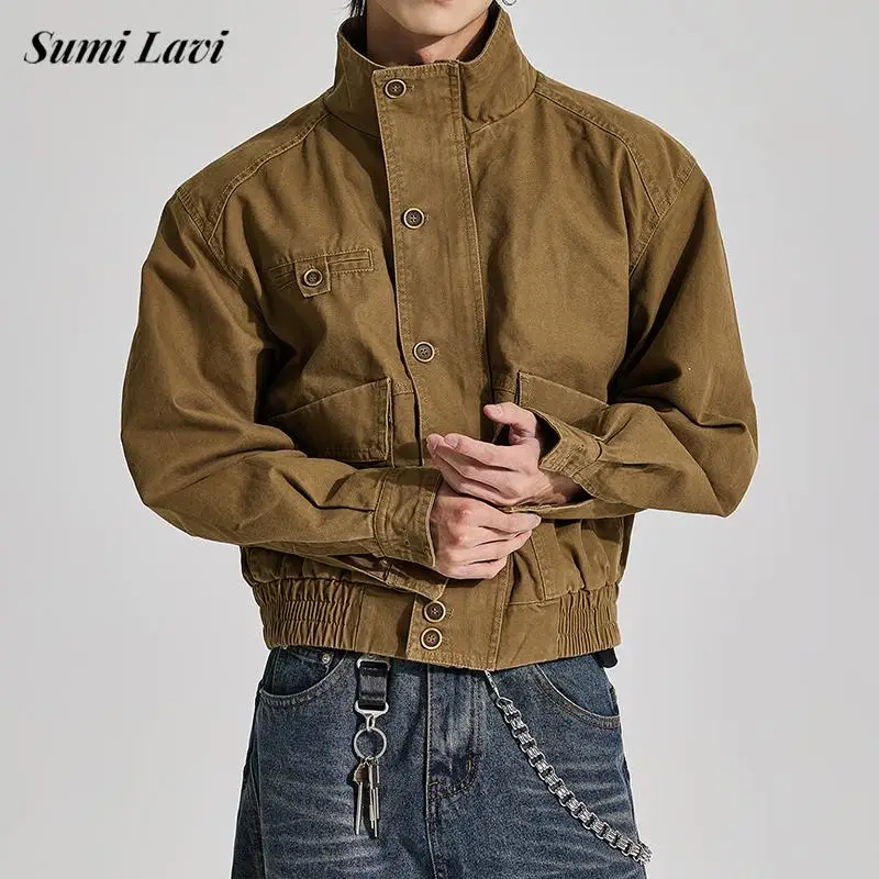 

Trendy Buttoned Stand Collar Mens Jacket Coats Autumn Y2K Style Solid Color Cropped Denim Jackets Men Winter Vintage Outerwear