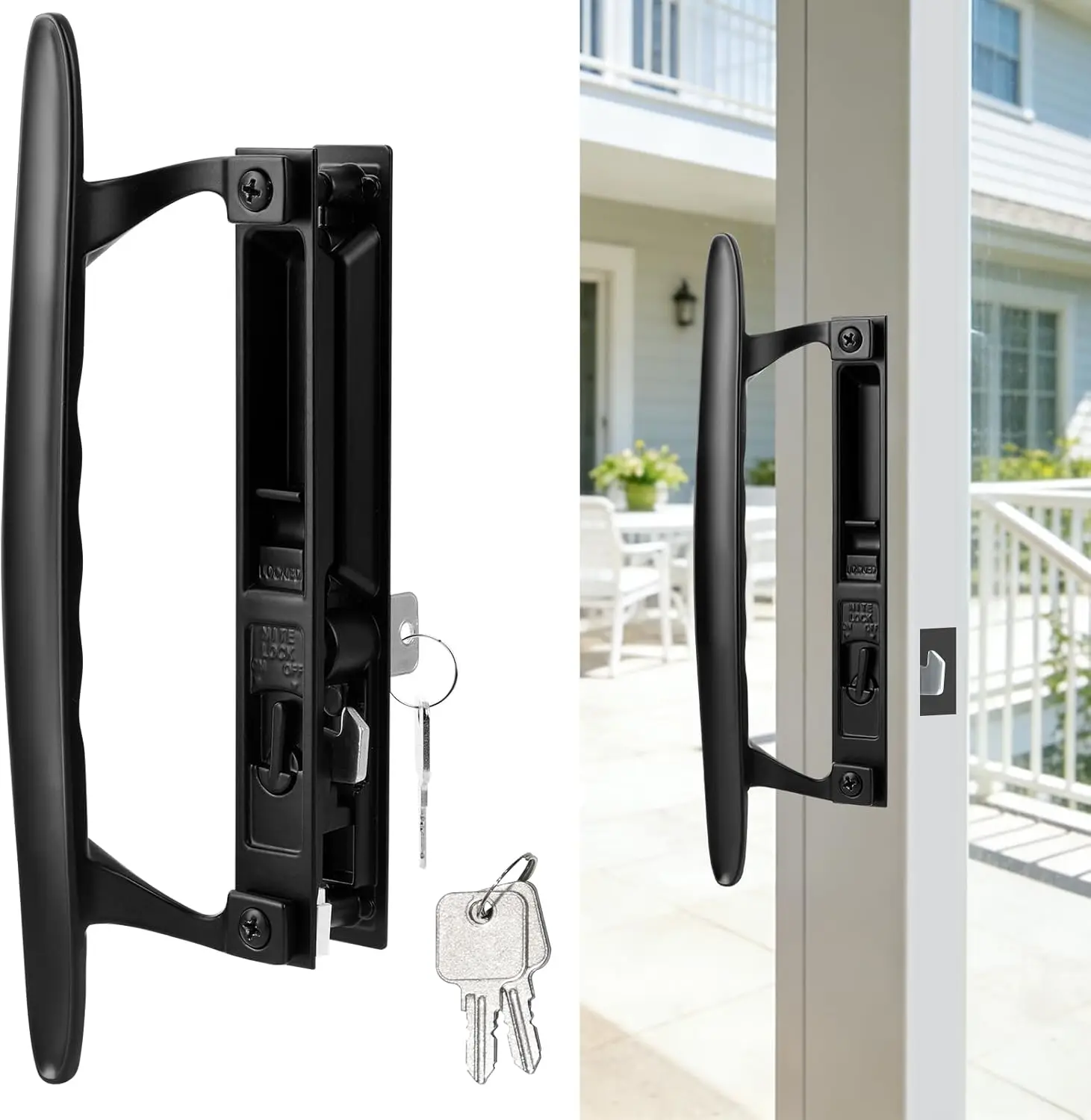 

Black Diecast Sliding Patio Door Handle Set with Hook Lock, Fits 1" to 1-1/8" Thick Glass Doors, Reversible Design