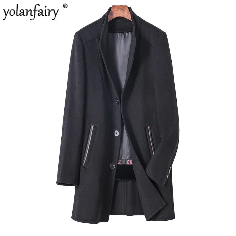 

New in Outwears Men's Coat Autumn Winter Double-sided Wool Jacket Men Stand Collar Thick Rabbit Fur Inner Medium Long Coats FCY