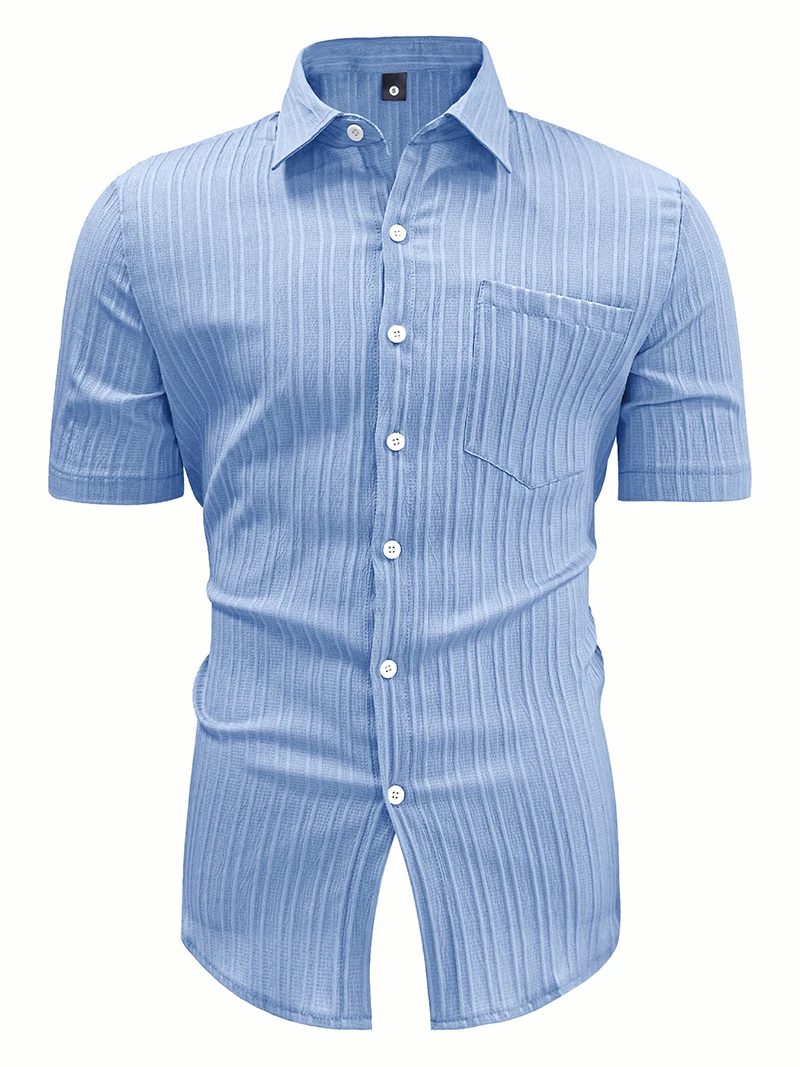 Herren Strukturiertes Kurzarmhemd Sommer Casual Button-Down-Hemd Locker Geschnittenes Atmungsaktives Oberteil mit Brusttasche für den Strandurlaub – Detail 15