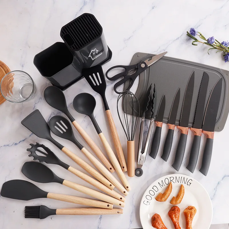 19 pieces silicone kitchenware sets equipped with wooden handles and knives-heat-resistant,convenient cooking kitchen gadgets.