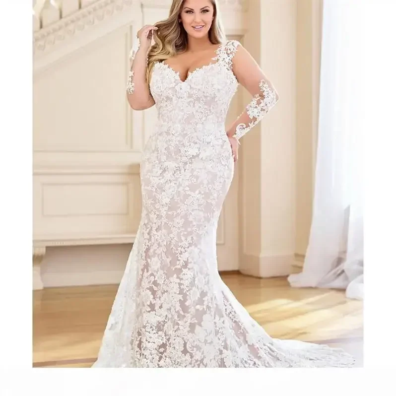 Abiti da sposa a sirena taglie forti personalizzati Abiti da sposa con scollo a V applicati in pizzo a maniche lunghe con strascico staccabile