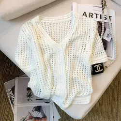 2024 Summer Knitted Hollow Out Casual White Cardigan Women Casual Short Sleeve Button Tops V Neck Oversized Sexy Sweater Women