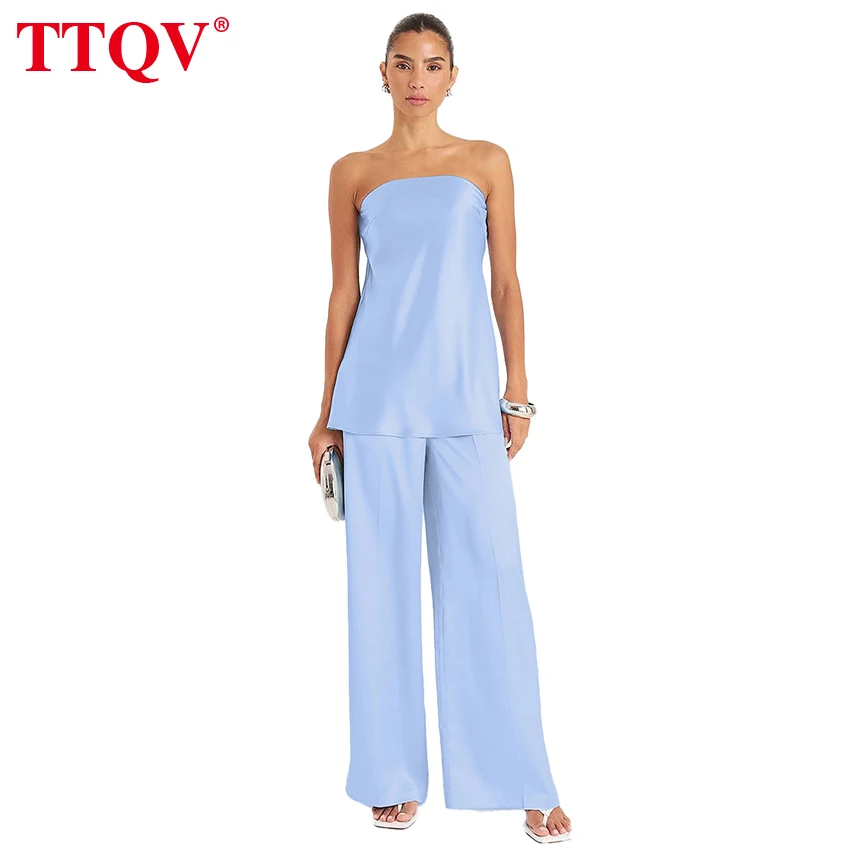 

TTQV Summer Loose Blue Satin Women Two Pieces Set 2026 Sexy Sleeveless Tank Top With High Waist Wide Pants Set Female Streetwear
