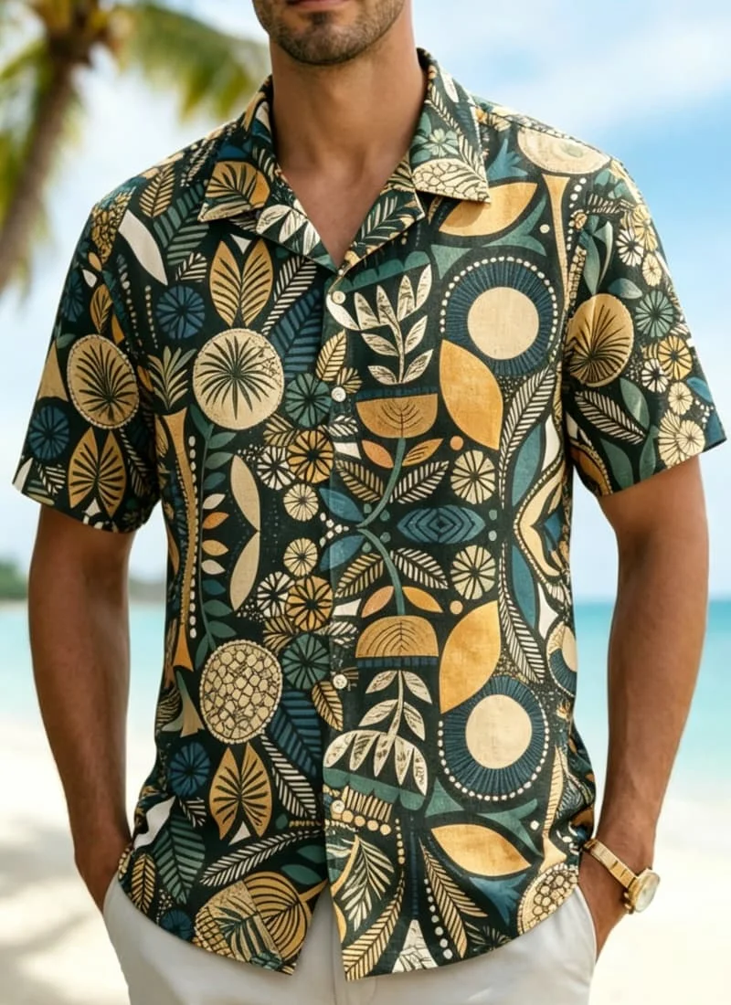 Men's Tropical Geometric Print Shirt, Exotic Botanical Style for Summer Holiday, Beach Trips, Daily Outings & Casual Wear