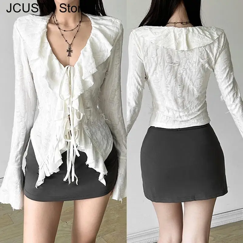 Y2K Aesthetic Clothing Women Gothic Ruffled V Neck Shirt Flared Long Sleeve Ripped Blouse White Clothes Shirt Spring Top