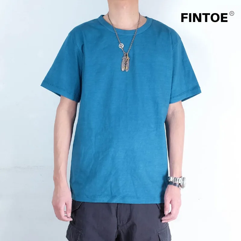 FINTOE Antique Blue Indigo Tee Vintage Plant Hand Stained Solid Color 230G Short Sleeve