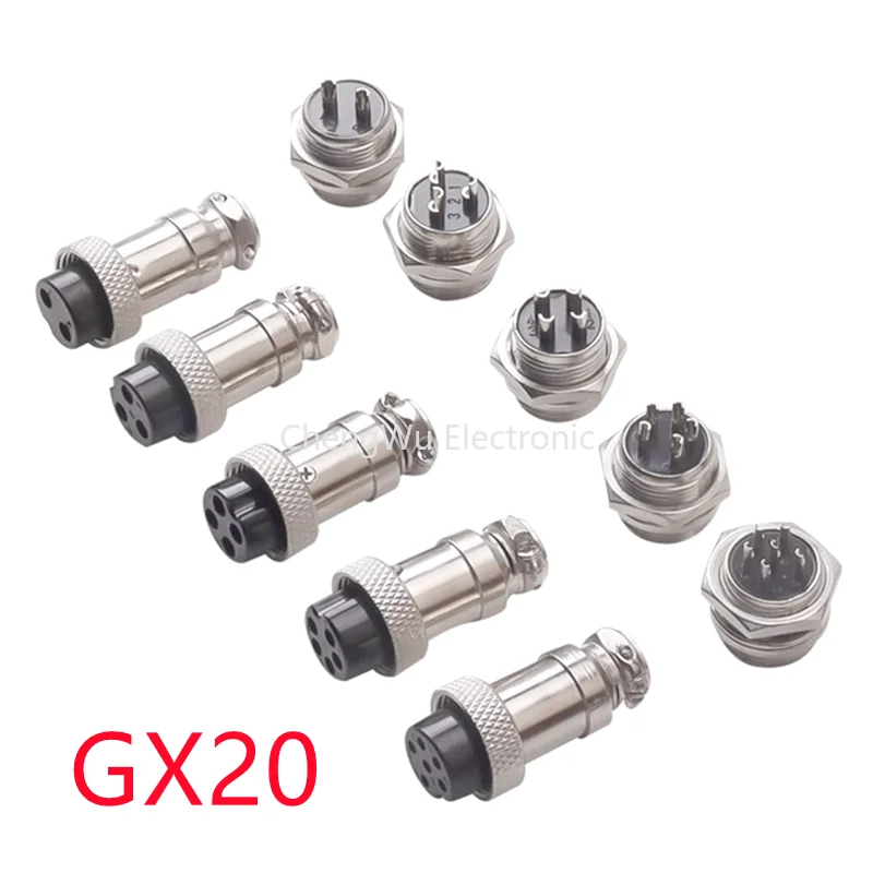 

1set GX20 2/3/4/5/6 Pin Male + Female 20mm Circular Nut Type Wire Panel Aviation Connector Socket Plug with Cap Lid