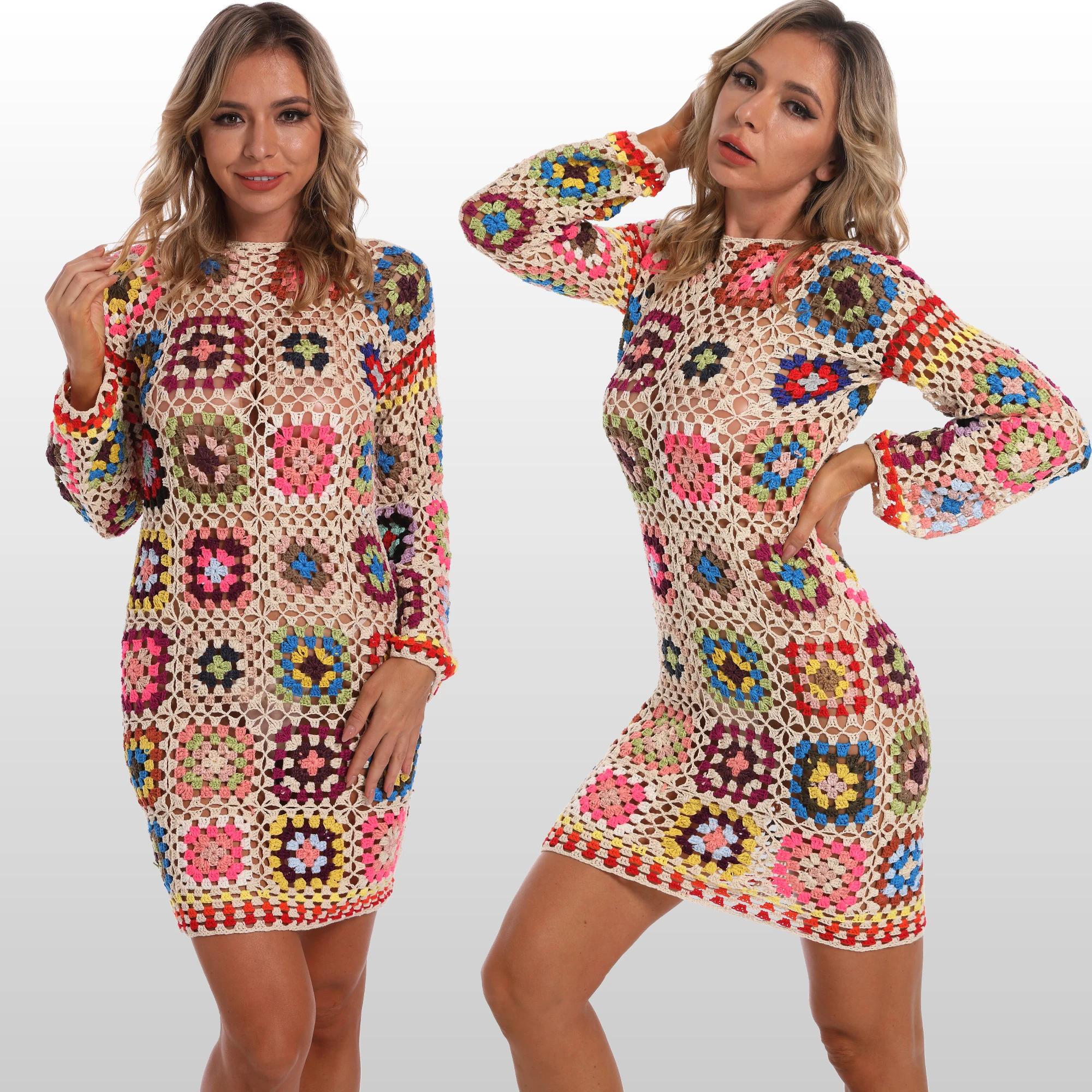 Granny Square Hand Crochet Dress with Long Sleeve Sexy Women Beach Wedding Clothing