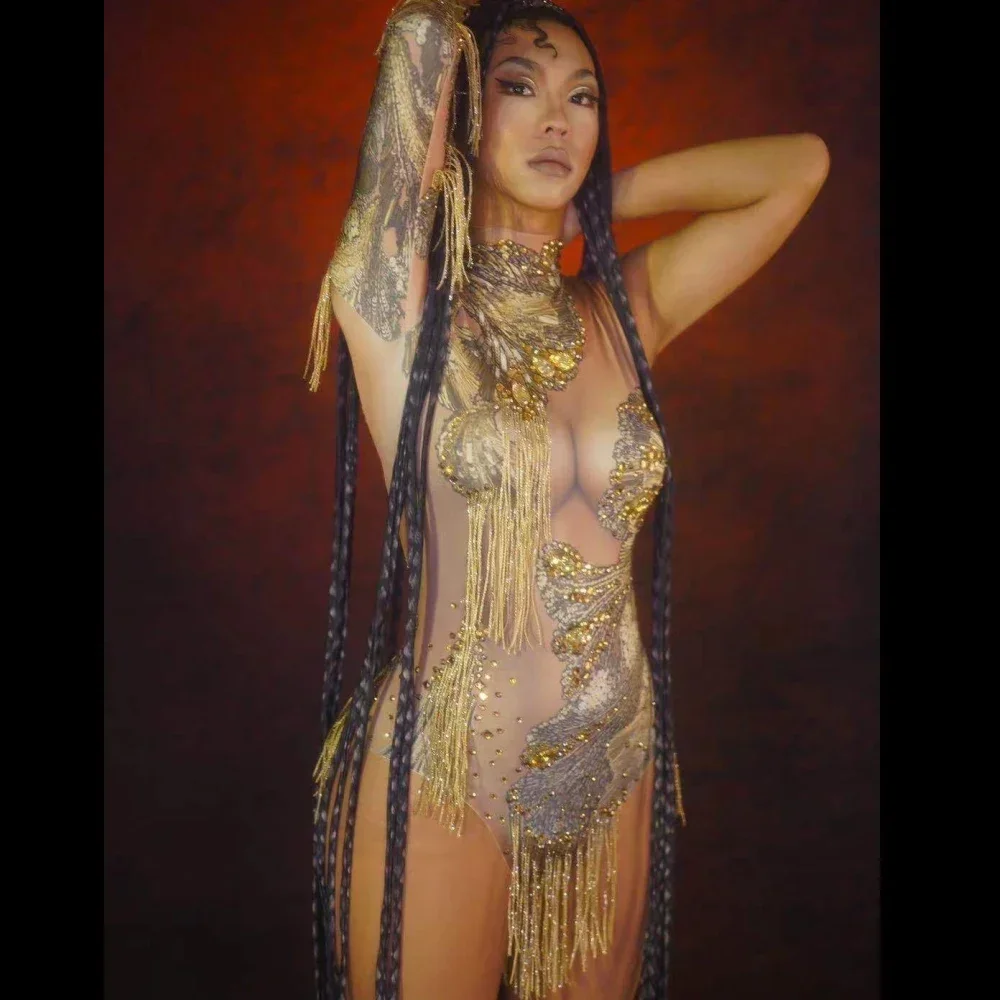 

Women Sexy Blue Gold Perspective Shining Rhinestones Tassel High Neck Bodysuits Pole Dance Stage Nightclub Wears