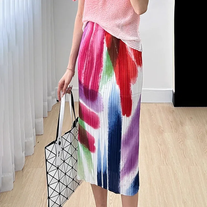 Jupe plissée imprimée artistique pour femmes, nouvelle collection été 2025, taille élastique, vêtements Vintage amples