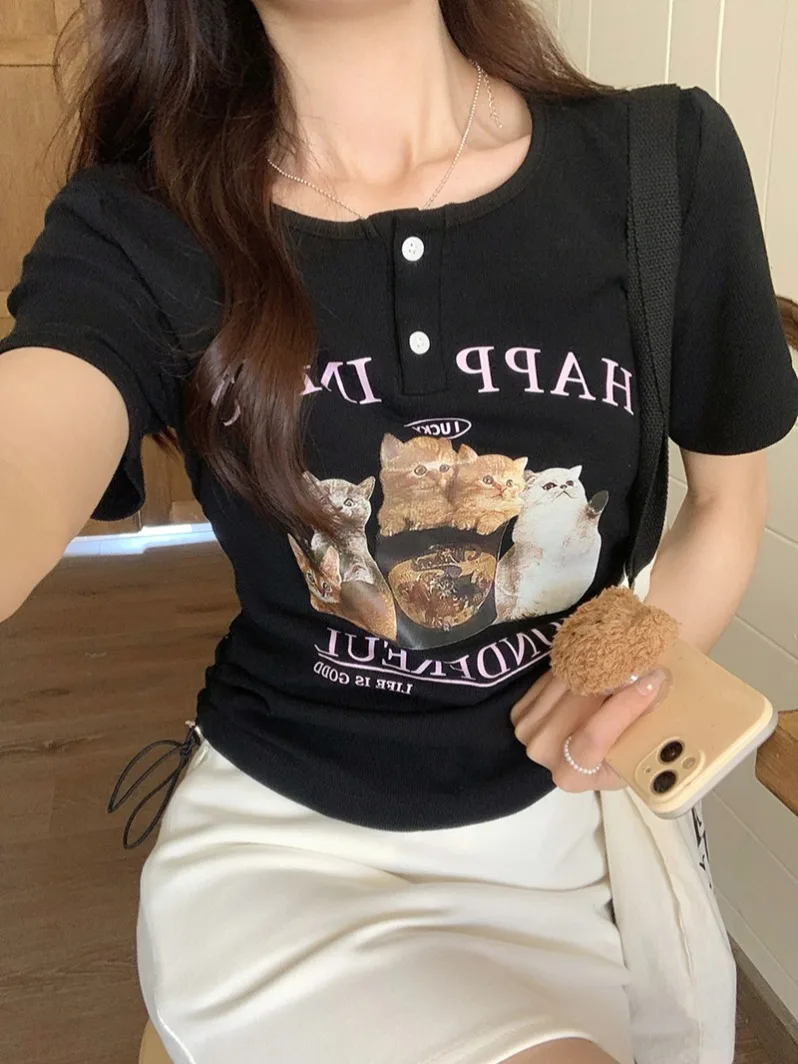 Summer Korean version of modal short round neck cartoon print slim fitting front shoulder short sleeved T-shirt top for women