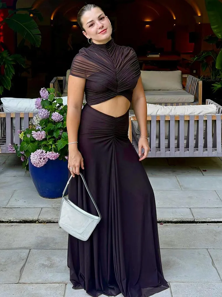 เดรสยาวรัดรูปผ้าตาข่ายรูดระบายสำหรับผู้หญิง ดีไซน์เว้าช่วงตัว เซ็กซี่ โปร่งบาง แฟชั่น เสื้อครอปท็อปเข้ารูป ทรงบอดี้คอน ยาว หรูหรา เหมาะสำหรับงานปาร์ตี้และสวมใส่ในชีวิตประจำวัน