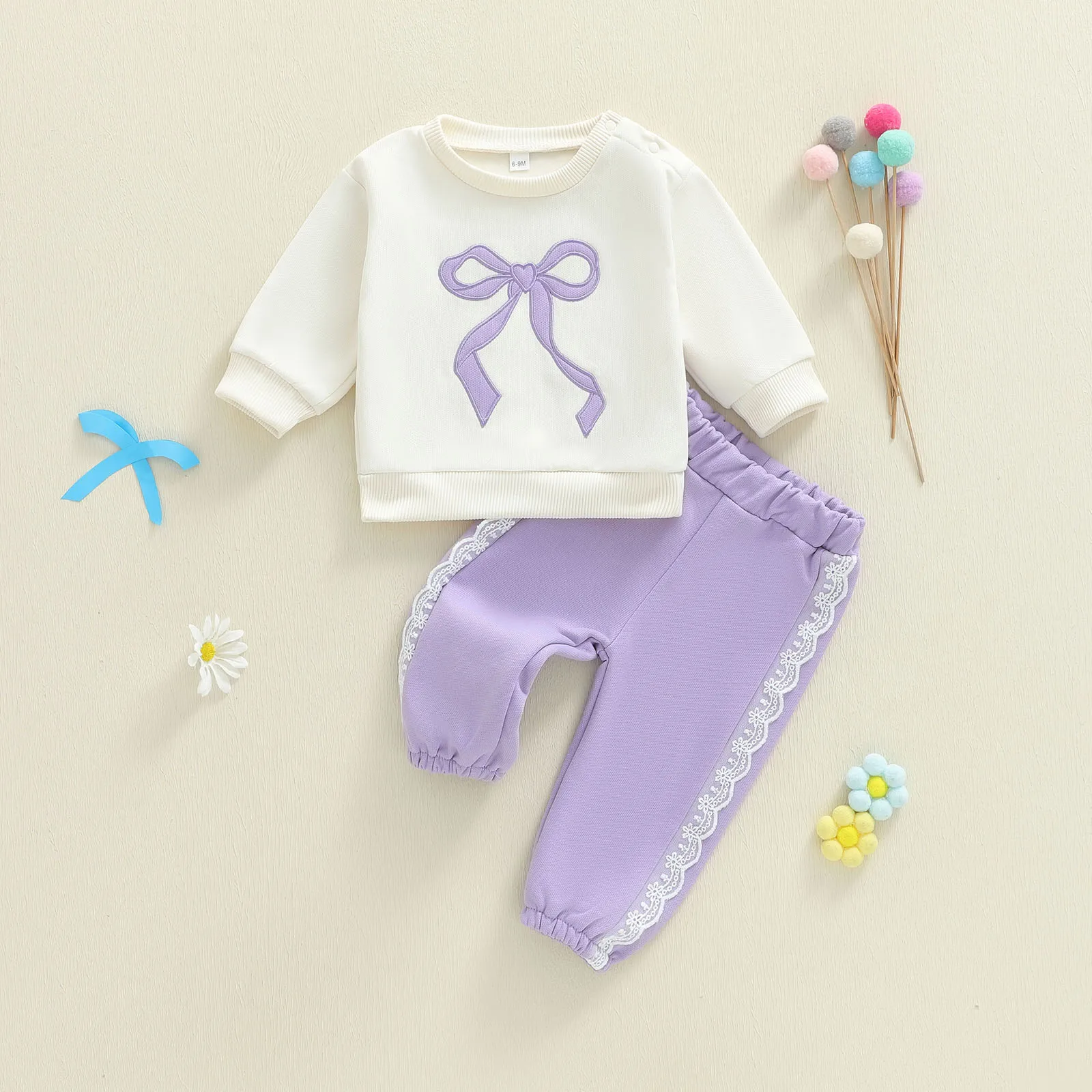 

Toddler Baby Girls Clothing Set Fashionable Bow Embroidery Long Sleeve Pullover with Pants 2 Pcs Fall Tracksuit Outfit