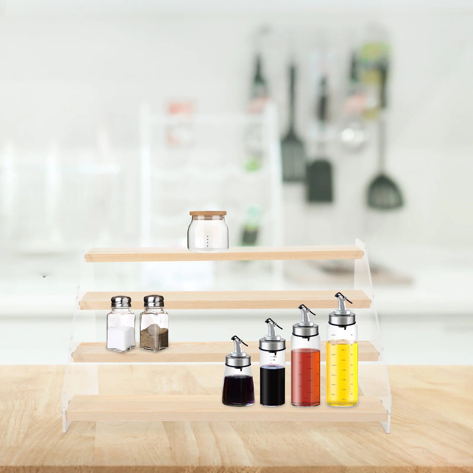 

Multi-Tier Storage Rack 4-Tier Acrylic Wood Kitchen Organizer For Spices Jars Condiments Bottles Desktop Holder Stand