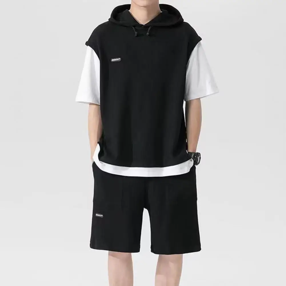 Hooded T-shirt Shorts Set Two-piece Loose Fit Outfit Men's Casual Sport Outfit Set with Hooded Drawstring Top Elastic for Active