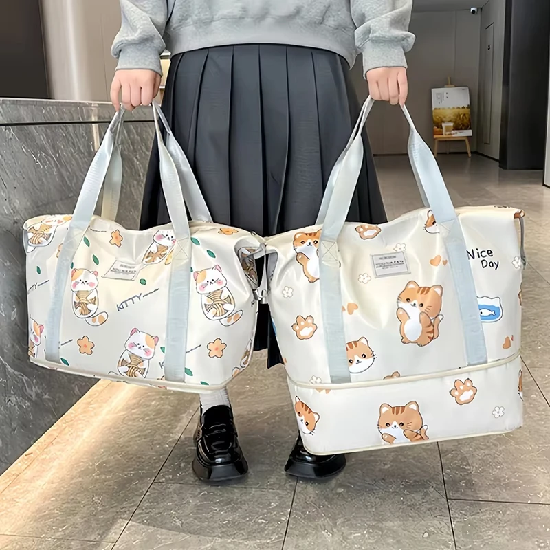 

Расширяемая дорожная сумка большой вместимости, стильная сумка для багажа с мультяшным котом и случайным принтом для ежедневных прогулок, путешествий, деловых поездок