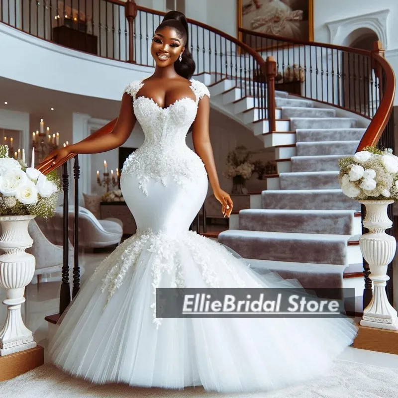 

African Mermaid Wedding Dresses Cap Sleeves Lace Applique Aso Ebi Bridal Gowns 2025 Plus Size Vestidos De Novia Customized