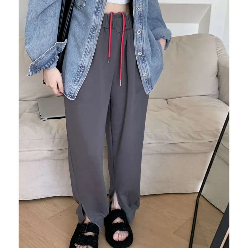 

Autumn Grey Casual Sweatpants Fashion Stripe Drawstring Bind Feet Straight Pants Street High Waist Baggy Mopping Trouser Ladies