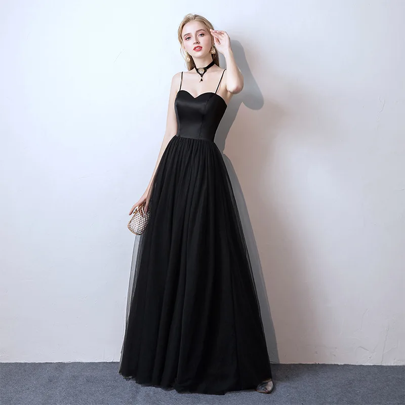 Black Long Camisole Gown Birthday Banquet Host Performance Annual Party Evening Dress Summer