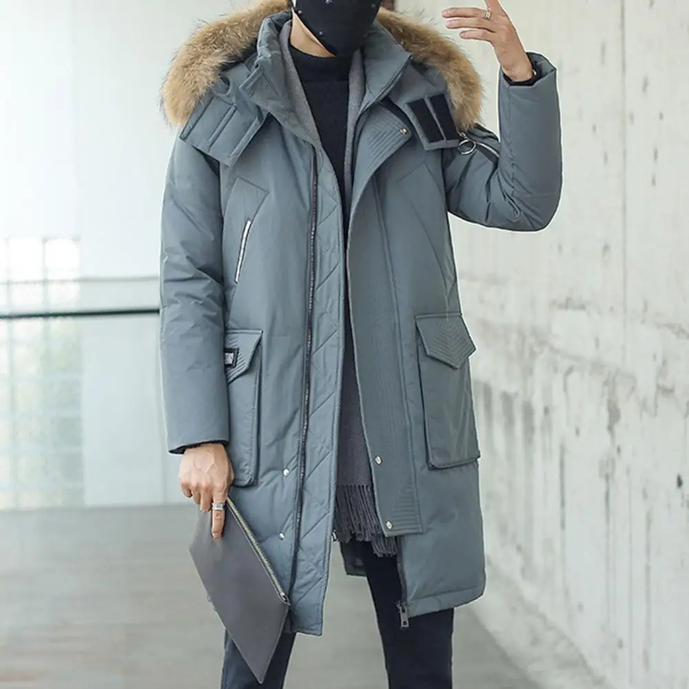 Winter Men Down Jacket Solid Color Fur Collar Hooded Hooded Puffer Coat Thickened Zipper Placket Pockets Men Outwear For Daily