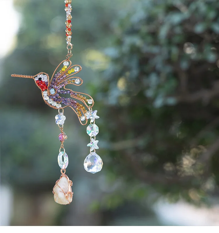 Hummingbird Natural Crystal Chips Dreamcatcher Wind Chime Chakra Suncatcher Rainbow Maker Hanging Ornament Garden Home Decor Gif