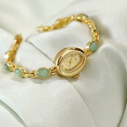 2026 Women quartz Watch Luxury Brand Retro Natural Dongling Stone Hotan Jade Waterproof Ladies Advanced Chain Wristwatches gift
