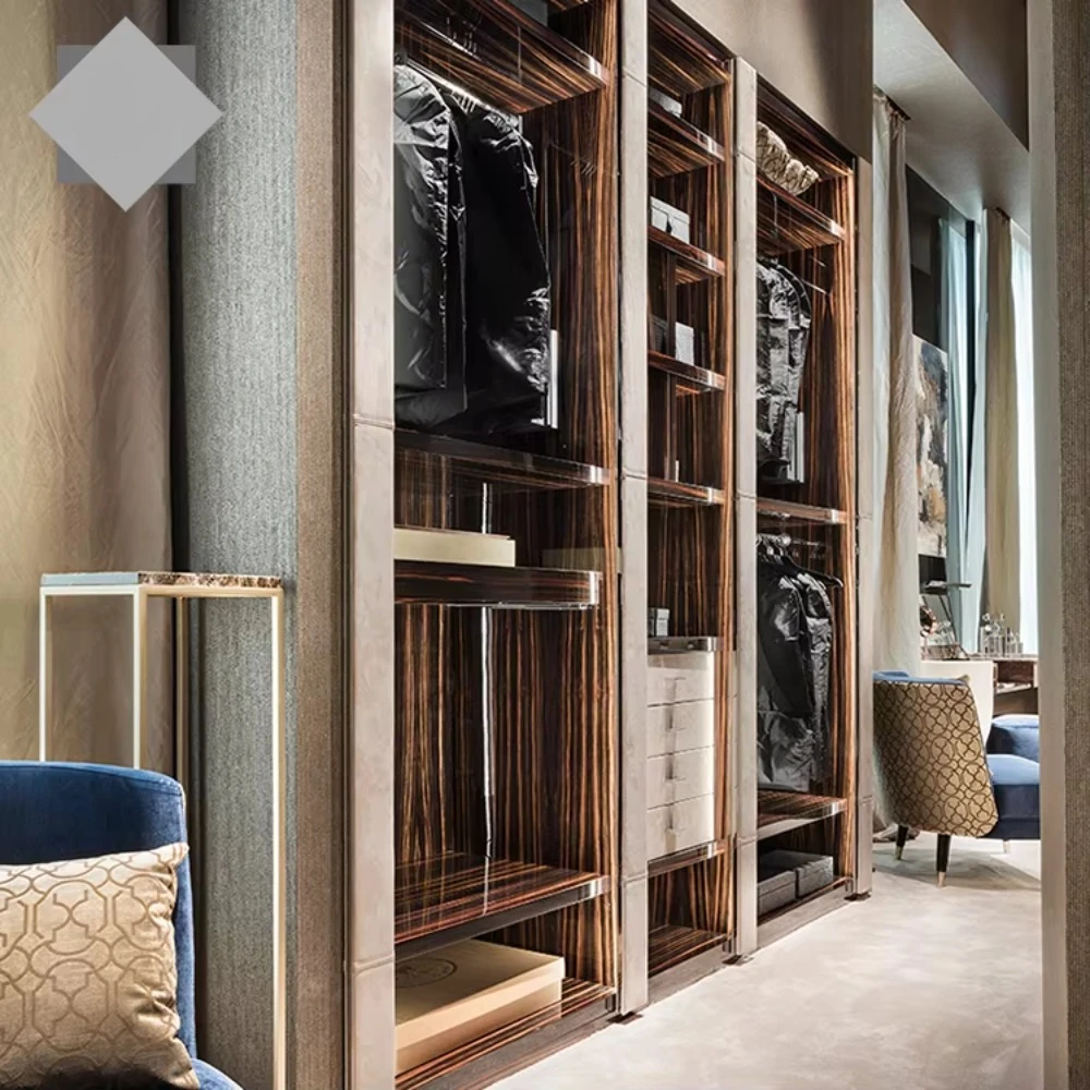 Modern Luxury Open Door Floor to Ceiling Wardrobe Modern Solid Wood and Leather Closets Modular Walk in Bedroom Wardrobe