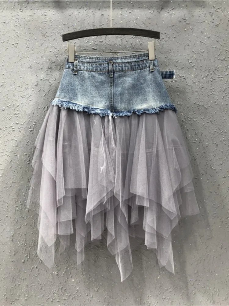 

Spring Summer New Mini Skirt Women High Waist Irregular Denim Skirts Club Party Mesh Patchwork Short Jeans Skirt