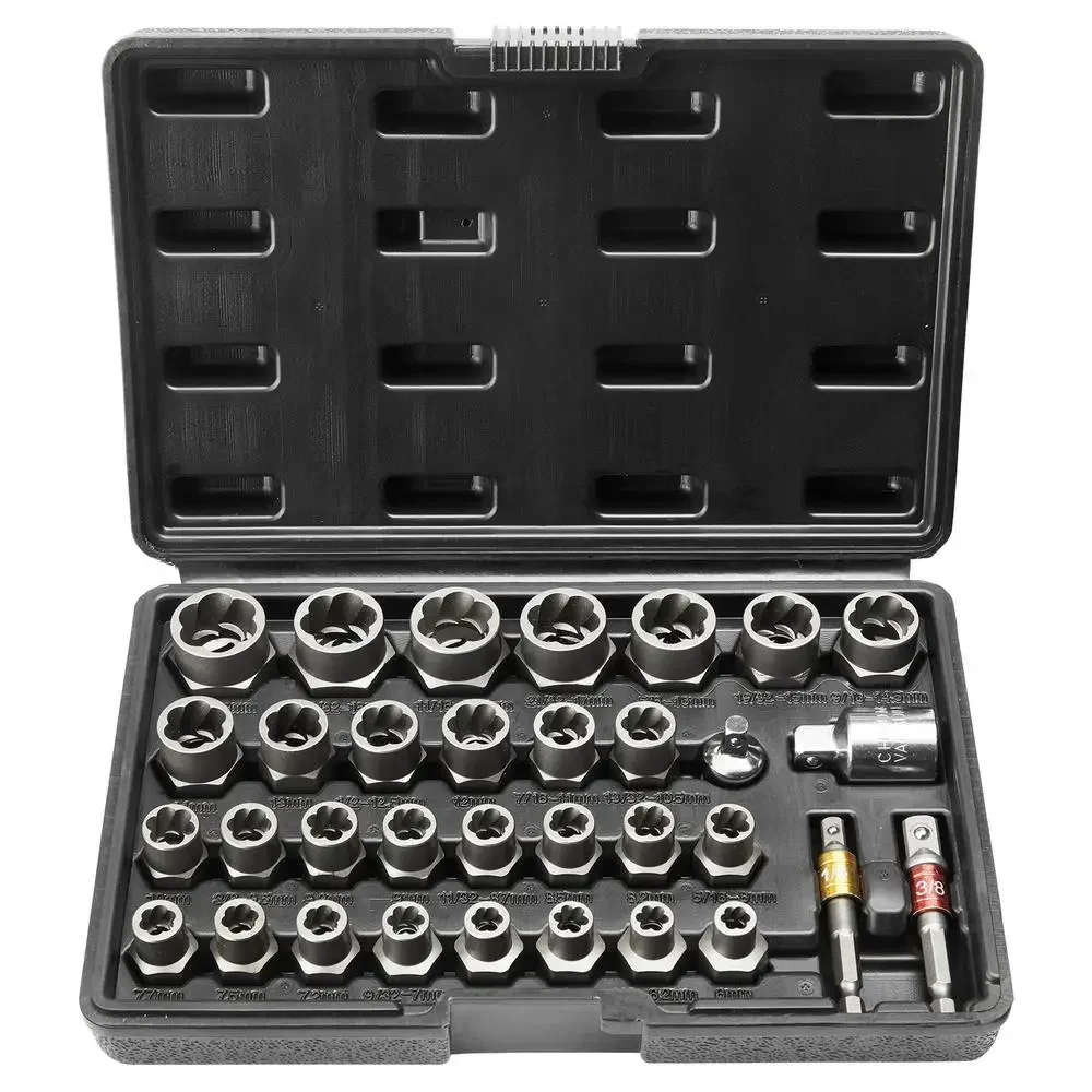 

29-Piece Bolt Extractor Set Impact Nut Remover Kit 6-10mm 13/32"-3/4" CR-Mo Steel Extraction Socket Set Rusty Bolt & Nut Remover