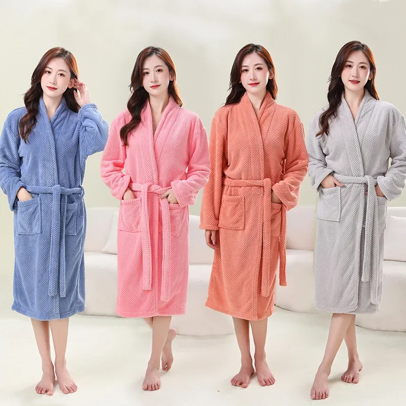 

Women Coral Fleece Robe Home Sleepwear Solid V Neck Bathrobe Kimono Robes With Belt Winter Warm Water Uptake Pajamas Clothes