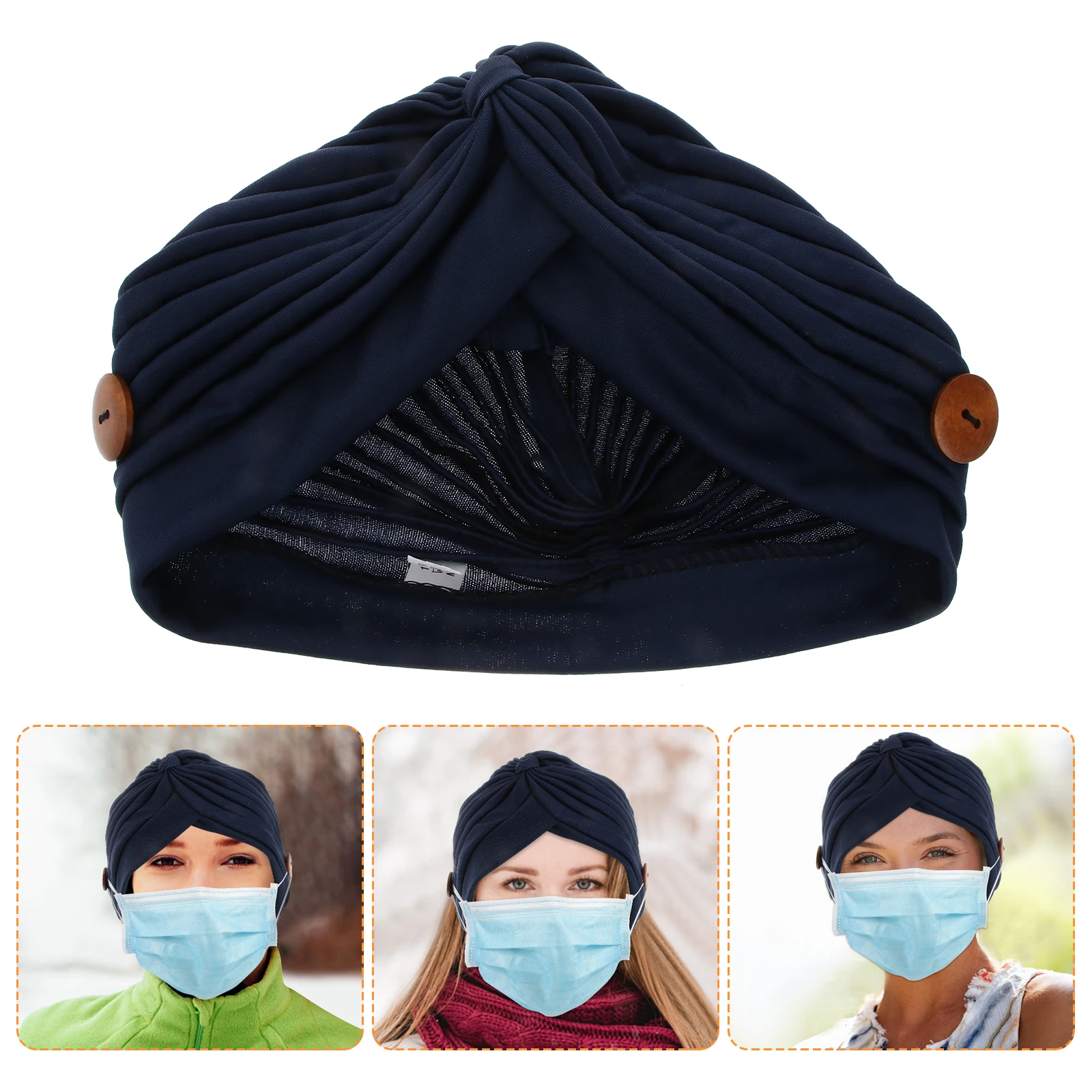 

Navy Blue Women Wrap Turban Chemo Cap For Hair Loss Stretch Polyester Non-Slip Button Comfortable