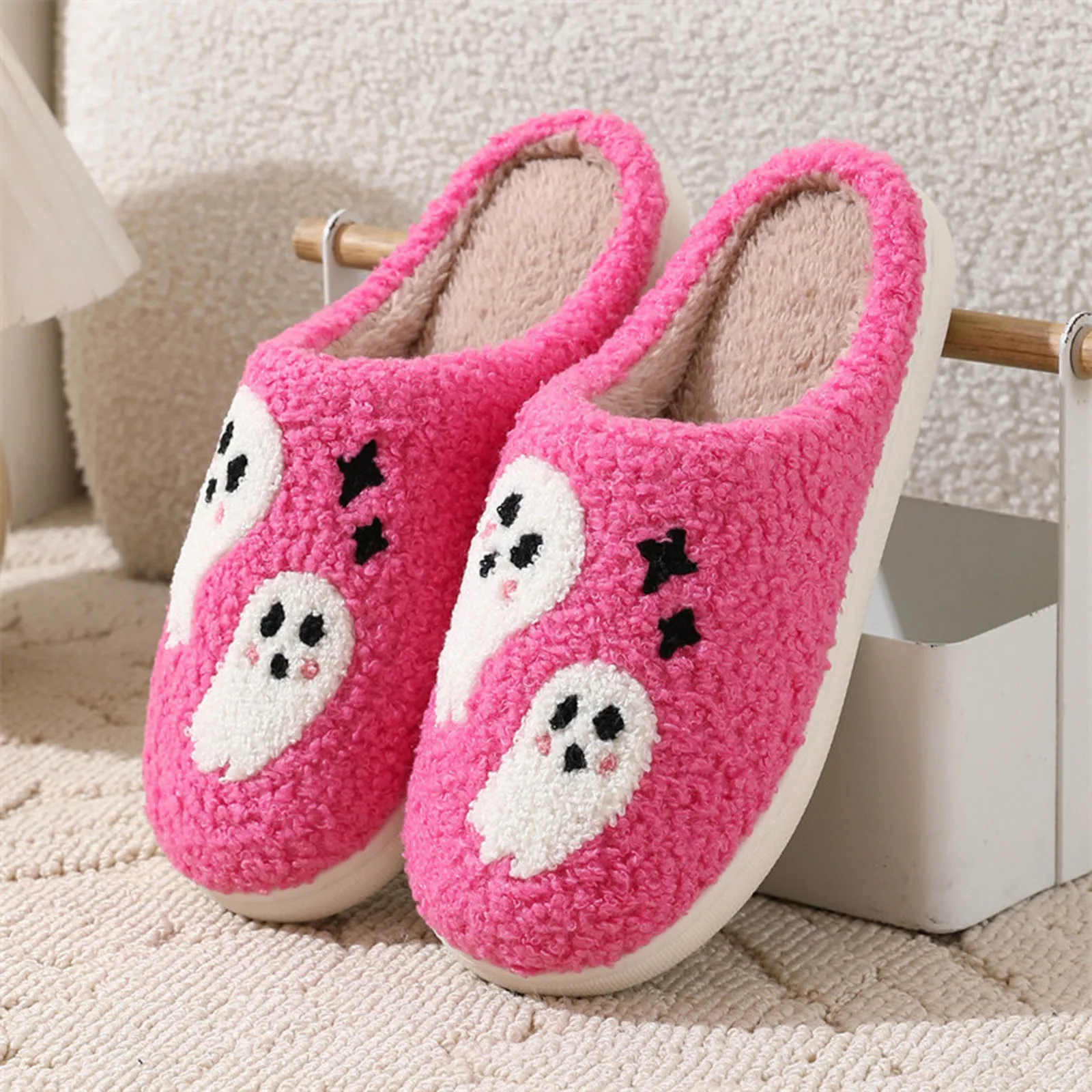 Couples Plush Slippers Men Women Halloween Cotton Furry Home Winter Round Close Toe Keep Warm Cartoon Printed Slipper Flat Shoes