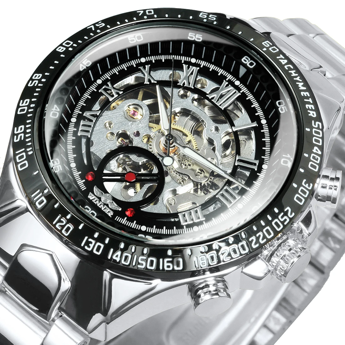 WINNER Gold Transparent Skeleton Automatic Watch for Men Luminous Pointers Luxury Brand Stainless Steel Strap Mechanical Watches