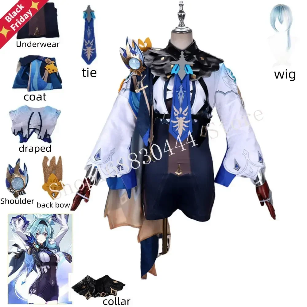 Genshin Impact Eula Anime Cosplay Costume Underwear Coat Draped Sock Wig Belt Headdress Tie Sexy Man Woman Halloween Suit