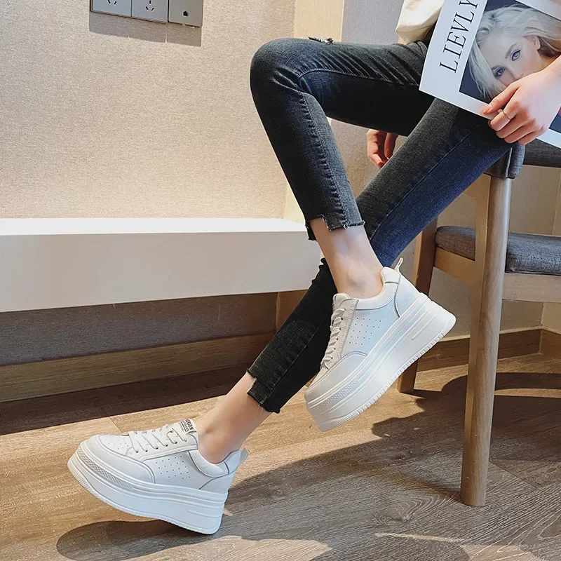 8CM Genuine Leather Autumn Women Casual Shoes Chunky Sneakers Platform Wedge Hidden Heel Women Leisure Shoes Spring Sneaker