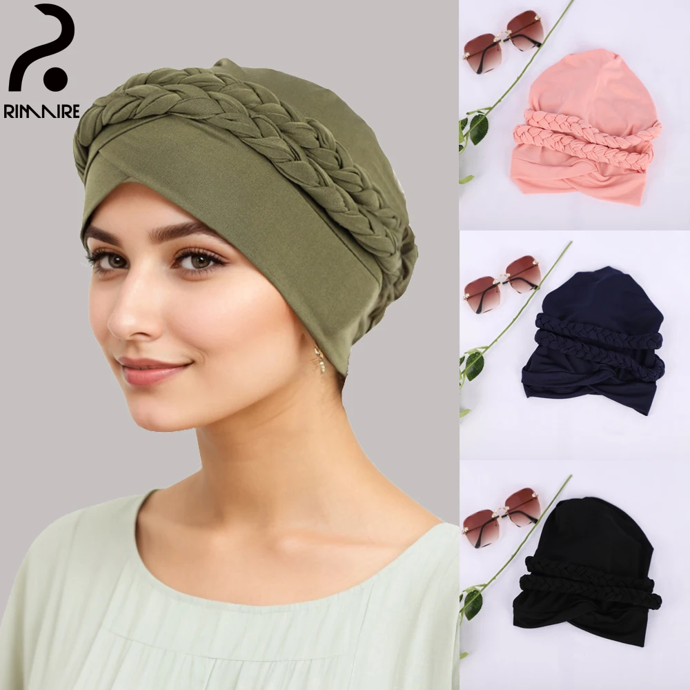 Muslim Women Hijab Hats Double Braid Design Inner Caps Fashion Turban Hair Cover Hat Multi-Color Ladies Headscarf Hat RIMAIRE