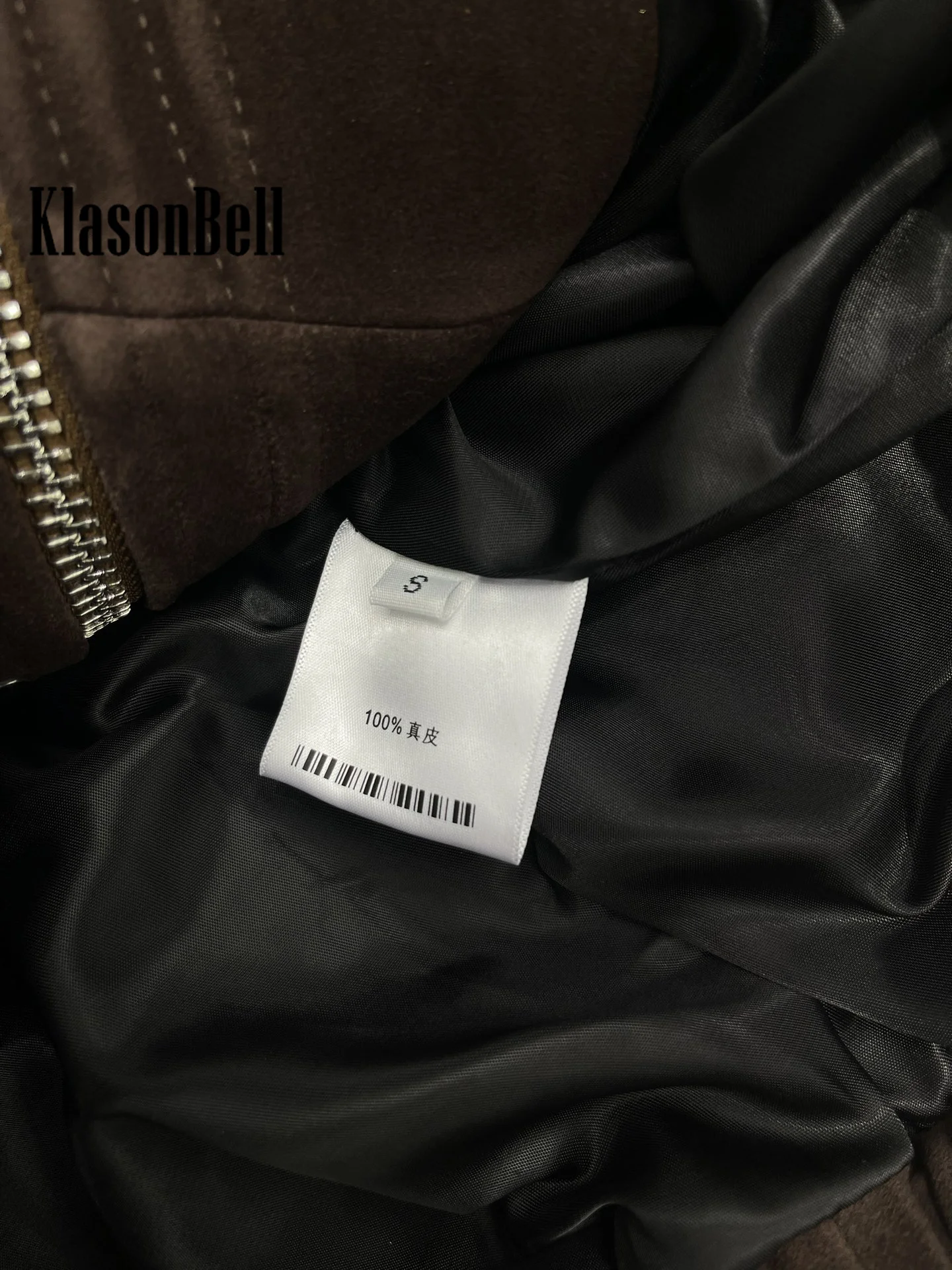 10.17 KlasonBell Women Clothes Streetwear Suede Leather Stand Collar Jacket Elastic Hem Collect Waist Zipper Real Leather Coat