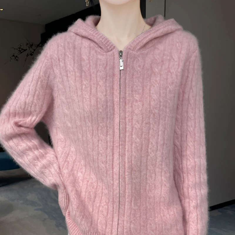 

Autumn Winter Women's 100% Merino Wool Cardigan Hoodie Zipper Knitted Sweater Cashmere Twisted Top Casual Comfortable Clothes