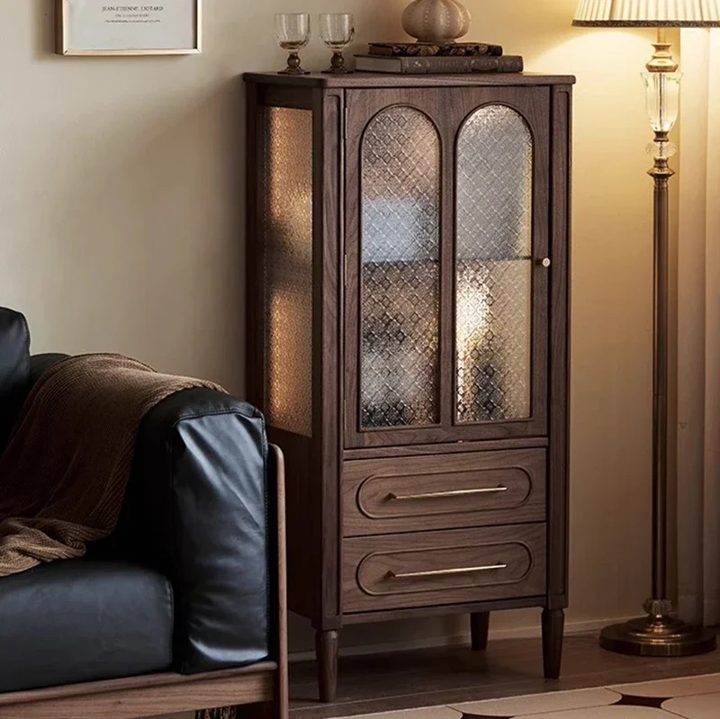 Living room black walnut TV side cabinet next to sofa vertical cabinet French retro wine cabinet medieval bookcase storage