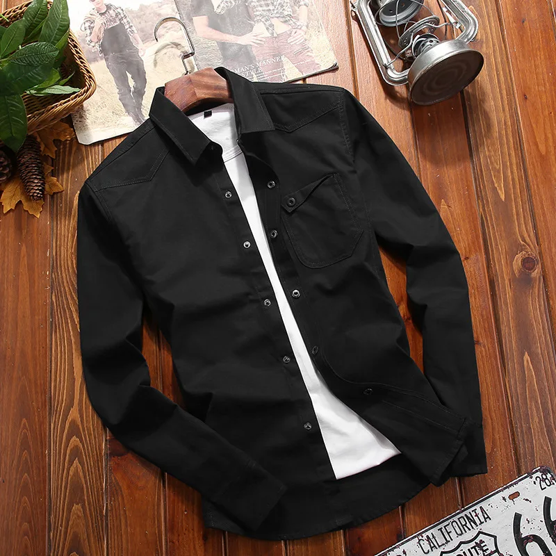 

Men's Shirts Casual Military Cotton Shirt Black Retro Slim Fit with Pocket Long Sleeve Vintage Jacket Streetwear Drop Shipping