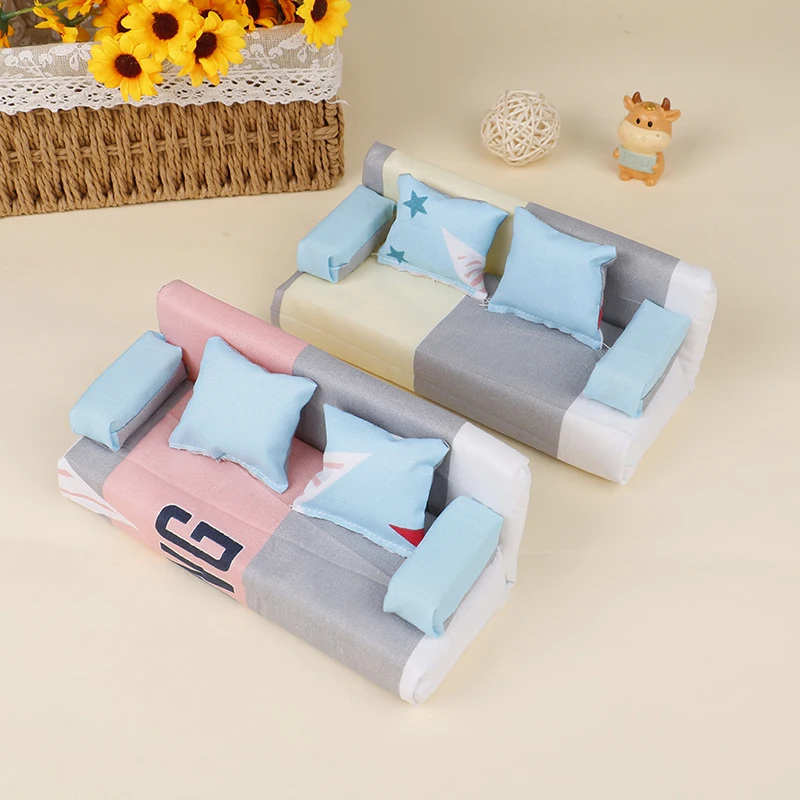 1Set Random Dollhouse Small Floral Fabric Long Sofa With 2Pcs Pillows Doll House Furniture Decor Toy Accessories-Toy