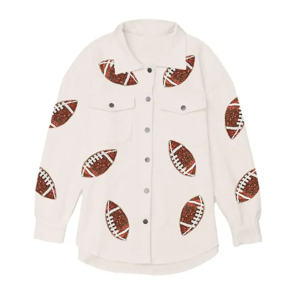 Spring New Tops Sequin Rugby Ball Pattern Women Coat Turn-down Collar Patch Pockets Mid Length Casual Female Jacket