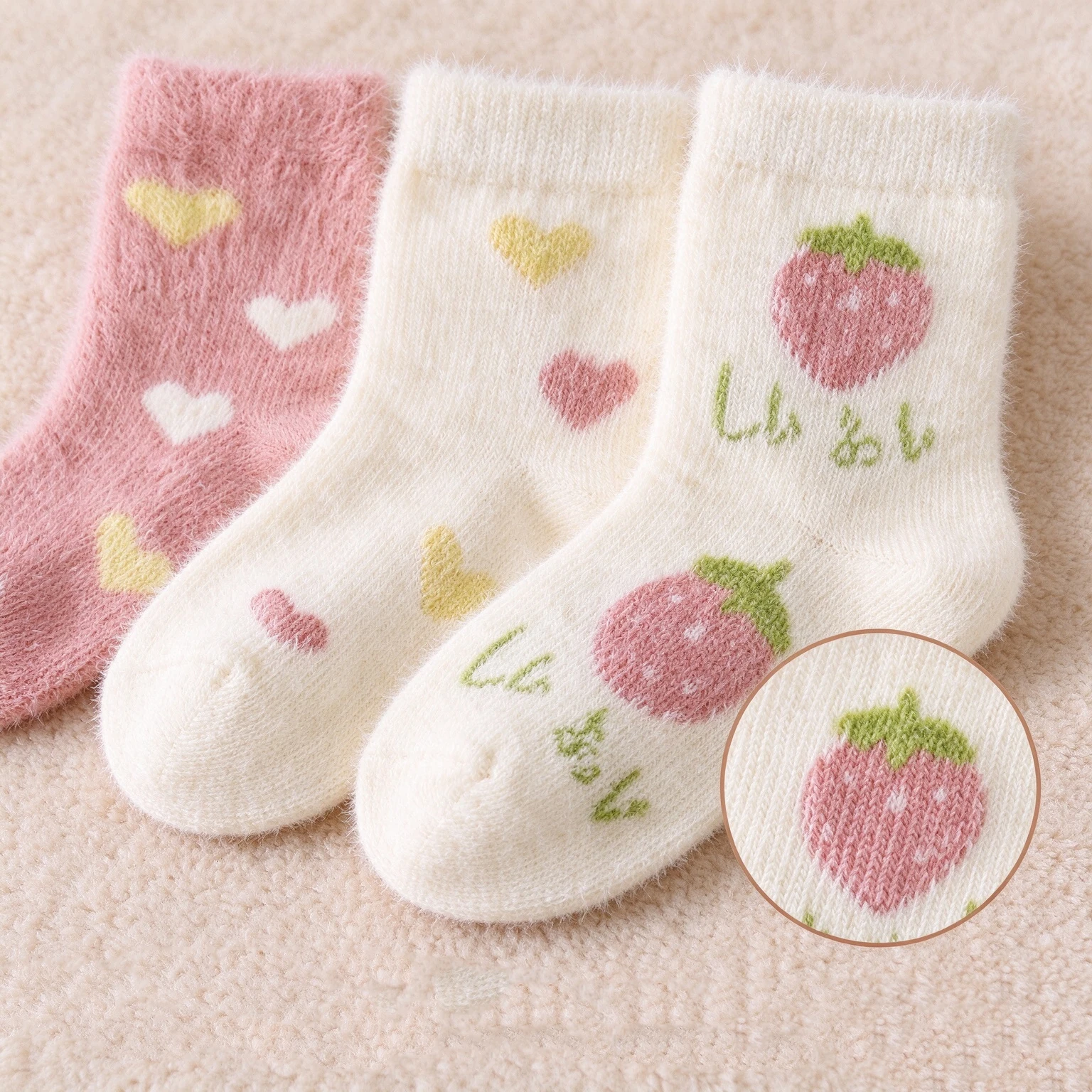 3 Pairs Kids Girls Mid Calf Socks Winter Warm Strawberry Heart Pattern Soft Thick Toddler Children Socks