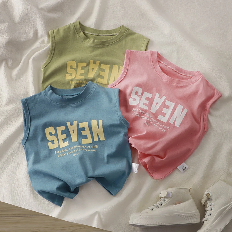 Children's T-Shirts Letter Print Sleeveless Top Infant Girl Clothes for 1 To 7 Years Kids Clothes Boys